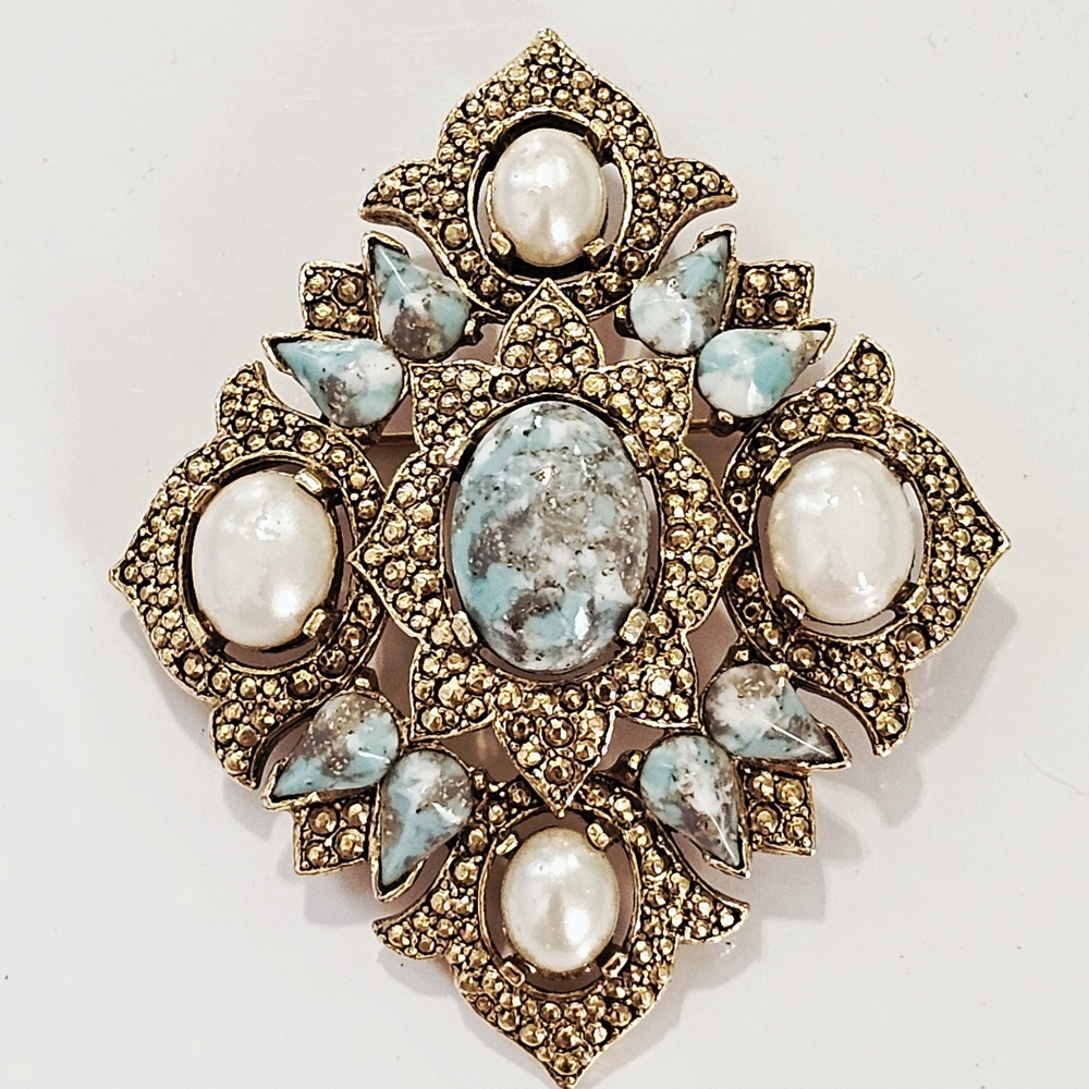 Vintage Sarah Coventry Remembrance Brooch/Pendanr Turquoise And Pearl